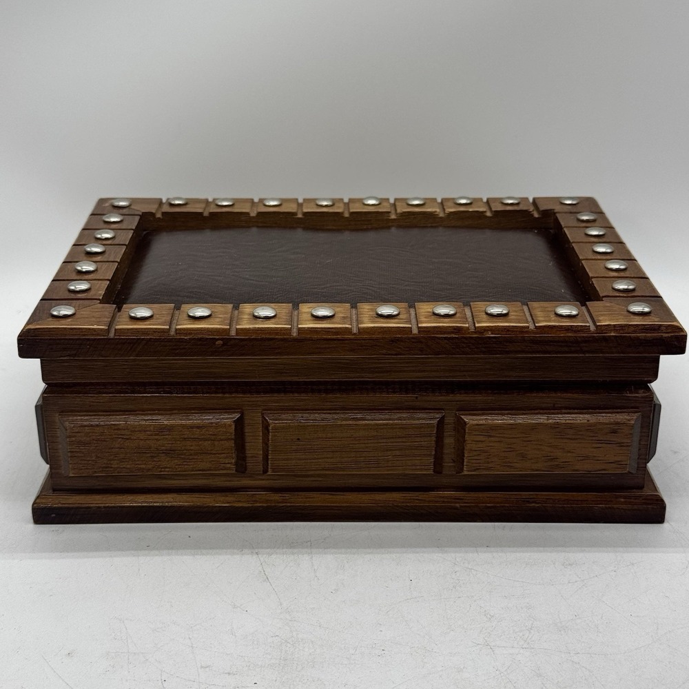 Mele Wood Valet Jewelry Box w/ Faux Leather Decorative Hammered Nails Mens Vtg